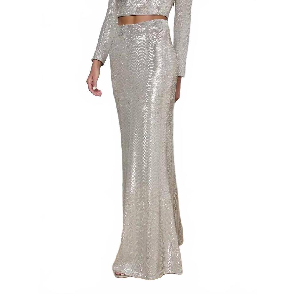 NEW L'AGENCE zeta maxi skirt in silver sequin swirl - Picture 4 of 5